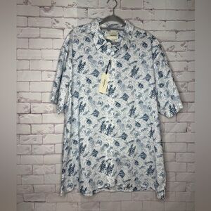 Red Head Nautical Print Button-Up Shirt | Coastal Lobster Sea Life Top Size 3x